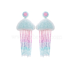 Summer Ocean Vacation Style Handmade Glass Seed Beaded Bohemian Dangle Stud Earrings, Colorful, Jellyfish, 93x40mm(PW-WGFE95A-05)