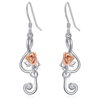 Alloy Dangle Earring, Rose with Musical Note, Platinum, 45.1x11.6mm