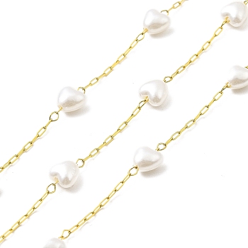 Ion Plating(IP) 316 Surgical Stainless Steel Paperclip Chains, Glass Pearl Heart Beaded Chain, Soldered, with Spool, Real 18K Gold Plated, Link: 2.5x1.5x0.3mm, Heart: 6x6x4mm