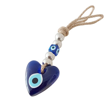 Heart with Evil Eye Glass Pendant Decorations, with Hemp Rope, Royal Blue, 20x4cm
