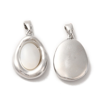 Brass Pendants, Oval Charms with Natural Shell, Platinum, 18x12.5x3.8mm, Hole: 1.5x3mm