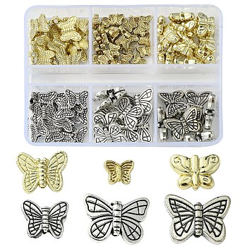 91Pcs 6 Styles Tibetan Style Alloy Butterfly Beads, Mixed Color, 5~15x6~15x3~5mm, Hole: 1.2mm