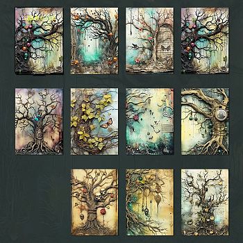 30Pcs 10 Styles Magic Theme Scrapbook Paper Pads, Halloween Paper Sheets for DIY Album Scrapbook, Greeting Card, Background Paper, Tree, 140x101x4.5mm, 3pcs/style
