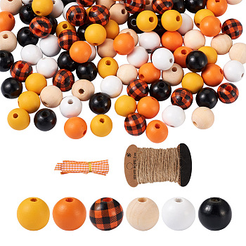 120Pcs 6 Style Natural Wood Beads, Round, with 1 Board Jute Cord and 2 Yards Polyester Ribbon, Mixed Color, 20pcs/Style