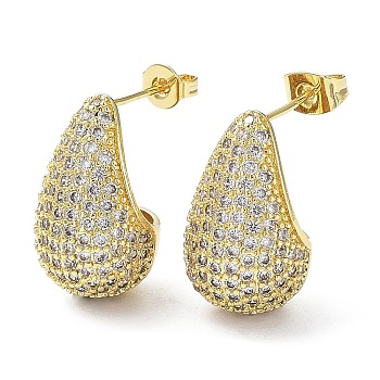Cubic Zirconia Teardrop Stud Earrings, Real 16K Gold Plated Brass Earrings for Woman, Clear, 20x12mm