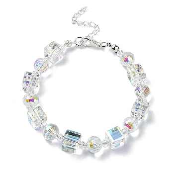 Cube & Round Glass Beaded Bracelets, Clear AB, 7-1/2 inch(19.2cm)