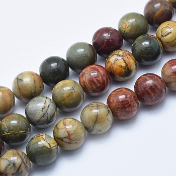 Natural Polychrome Jasper/Picasso Stone/Picasso Jasper Beads Strands, Round, 10mm, Hole: 1~1.2mm, about 37~38pcs/strand, 14.96 inch~15.5  inch(38~39cm)