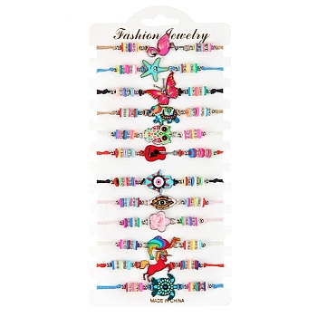 12Pcs 12 Style Flamingo & Butterfly & Starfish & Hamsa Hand with Evil Eye & Flower Alloy Link Braided Bead Bracelets Set, Polymer Clay Beaded Stackable Bracelets for Children, Mixed Color, 7-7/8 inch(20cm), 1Pc/style