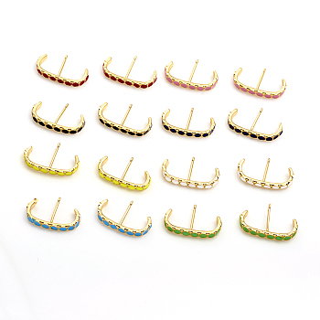 Brass Enamel Stud Earrings, Golden, Mixed Color, 20x2.5mm, Pin: 0.8mm