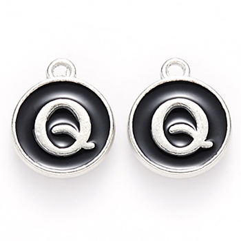 Platinum Plated Alloy Charms, Cadmium Free & Lead Free, with Enamel, Enamelled Sequins, Flat Round with Letter, Letter.Q, 14x12x2mm, Hole: 1.5mm