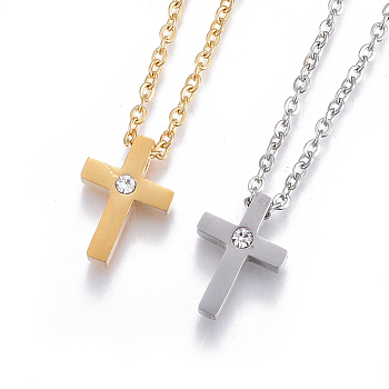 304 Stainless Steel Pendant Necklaces, with Rhinestone and Cable Chains, Cross, Mixed Color, 17.7 inch(45cm), Pendant: 13x9x4mm