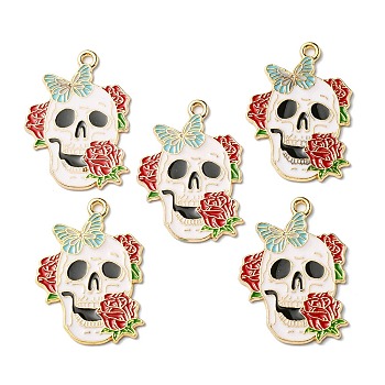 Halloween Alloy Pendants, with Enamel, Light Gold, Skull with Rose Charm, Dark Red, 30x21.5x1mm, Hole: 1.6mm