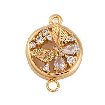 Brass Pave Clear Cubic Zirconia Connector Charms, Cadmium Free & Nickel Free & Lead Free, Flat Round with Butterfly, Real 18K Gold Plated, 23.5x16x5mm, Hole: 1.8mm