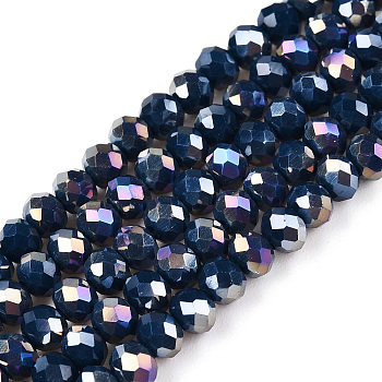 Electroplate Glass Beads Strands, Opaque Solid Color, AB Color Plated, Faceted, Rondelle, Steel Blue, 3.5~3.8x3mm, Hole: 0.4mm, about 113~115pcs/strand, 32.5~33cm