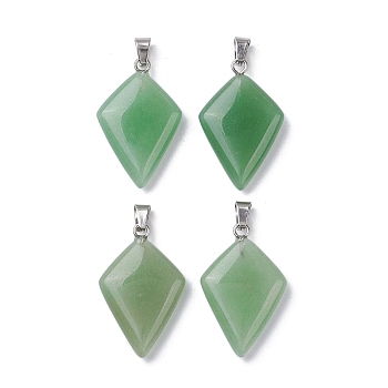 Natural Green Aventurine Pendants, Kite Charms with Stainless Steel Color Plated Stainless Steel Snap on Bails, 28~28.5x18x5.5~6mm, Hole: 5.5x3.5mm