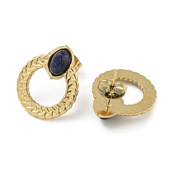 Real 18K Gold Plated 304 Stainless Steel Ring Stud Earrings, with Natural Lapis Lazuli, 18.5x15.5mm