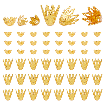 100Pcs 2 Style Brass Bead Cap, Multi-Petal & 6-Petal, Flower, Golden, 6.5~9x4~9mm, Hole: 1.2~1.5mm, 50pcs/style