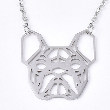 201 Stainless Steel Puppy Pendant Necklaces, with Cable Chains, Filigree Bulldog Head, Stainless Steel Color, 17.3 inch(44cm), 2mm, Bulldog: 29x28.5x1mm