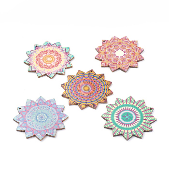 Printed Wooden Big Pendants, Flower, Mixed Color, 59.5x59.5x2.5mm, Hole: 1.5mm