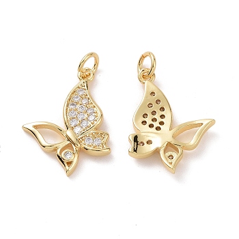 Brass Cubic Zirconia Pendants, with Jump Ring, Butterfly Charm, Real 18K Gold Plated, 17.5x17x3mm, Hole: 3.4mm