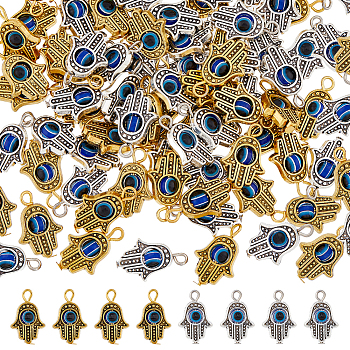 80Pcs 2 Colors Religion Alloy Hamsa Hand Pendants, Blue Evil Eye Resin Charms, Antique Silver & Antique Golden, 20x13x4mm, Hole: 2mm, 40pcs/color