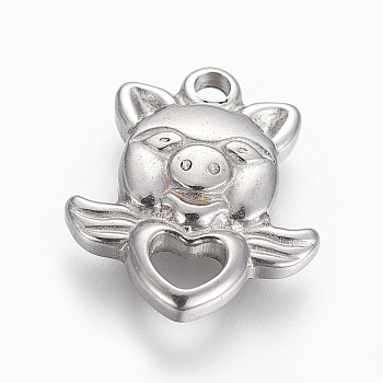 304 Stainless Steel Pendants, Pig, Stainless Steel Color, 17.7~17.8x15~15.3x3~3.1mm, Hole: 2mm