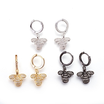 Brass Cubic Zirconia Hoop Earrings, Dangle Earrings, Bees, Clear, Mixed Color, 32mm, Pendant: 17.5x17x4mm, Pin: 1mm