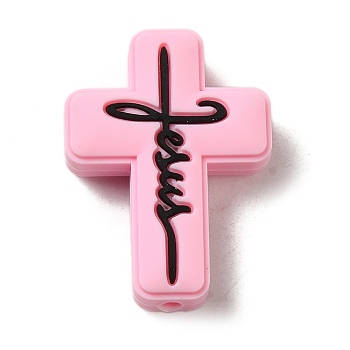 Silicone Beads, Cross with Word Jesus, Pink, 30x22x8mm, Hole: 2.5mm
