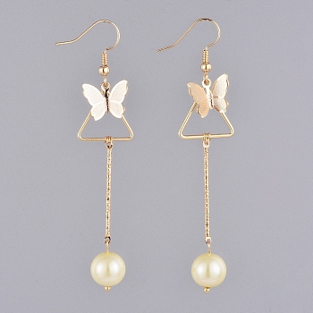 Dangle Earrings, with Glass Pearl Round Beads, Iron Bar Links, Brass Pendant and Earring Hooks, Butterfly & Triangle, Lemon Chiffon, 77mm, Pin: 0.7mm