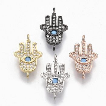 Brass Micro Pave Cubic Zirconia Links connectors, Hamsa Hand/Hand of Fatima/Hand of Miriam and Eye, Mixed Color, 19.5x11.5x2mm, Hole: 1mm