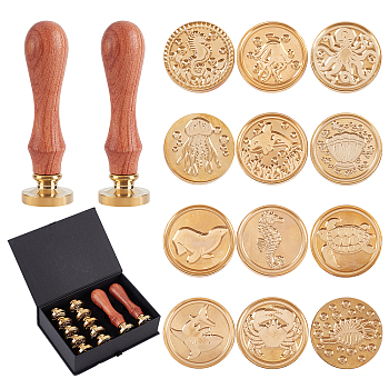 DIY Scrapbook Crafts, Including Pear Wood Handle, Brass Wax Seal Stamp Heads, Golden, 25x14mm, 14pcs/box