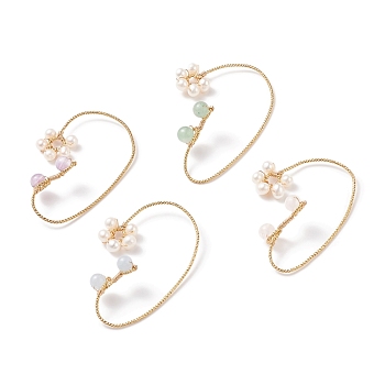 Natural Gemstone & Pearl Braided Flower Cuff Earrings, Gold Platd Brass Climber Wrap Around Earrings for Non Piercing, 58.5x37.5x1mm