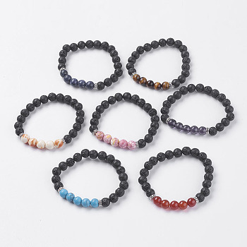 Natural Lava Rock and Natural/Synthetic Mixed Stone Beads Stretch Bracelets, with Alloy Finding, 2 inch(52mm)