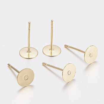 304 Stainless Steel Stud Earring Findings, Flat Round, Real 24K Gold Plated, 8x0.3mm, Pin: 0.7mm.