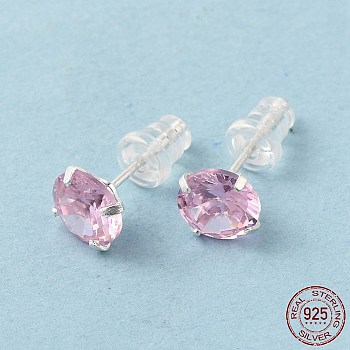 Cubic Zirconia Diamond Stud Earrings, 925 Sterling Silver Jewelry for Women, Pink, 15~16x7mm, Pin: 0.8mm