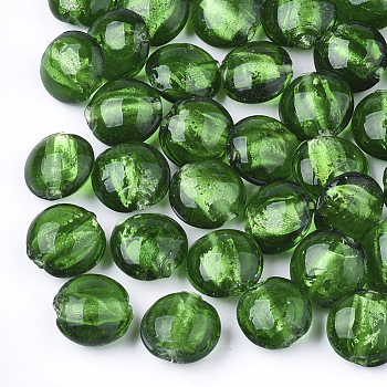 Handmade Silver Foil Lampwork Glass Beads, Flat Round, Green, 12~13.5x11.5~13.5x7.5~8.5mm, Hole: 1~2mm