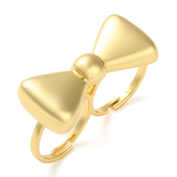 Brass Open Cuff Rings, Bowknot, Real 18K Gold Plated, Adjustable
