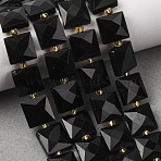 Natural Obsidian Beads Strands, Faceted, Square, with Seed Beads, 10.5x10.5x4.5~5.5mm, Hole: 1mm, about 31pcs/strand, 14.76~15.16''(37.5~38.5cm)(G-F839-A33-01)