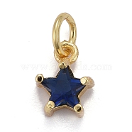 Brass Micro Pave Cubic Zirconia Pendants, Long-Lasting Plated, with Jump Rings, Real 18K Gold Plated, Star, Medium Blue, 8.5x7x4mm, Hole: 3mm(KK-P192-10-G04)