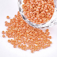 Opaque Glass Seed Beads, Rainbow Plated, Round, Coral, 3mm, Hole: 1mm, about 10000pcs/bag(SEED-S023-01B-10)