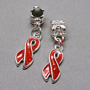 Alloy Enamel European Dangle Charms, Large Hole Pendants, Awareness Ribbon, Silver, Red, 30mm, Hole: 5mm(MPDL-R046-07C)