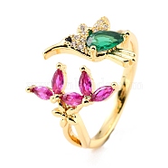 Brass Micro Pave Cubic Zirconia Cuff Rings, Open Rings, Bird & Flower, Real 18K Gold Plated, Colorful, US Size 5 3/4(16.3mm), 2~15mm(RJEW-K233-38G)