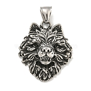 316 Surgical Stainless Steel Pendants, Wolf Head Charm, Antique Silver, 35x29x15mm, Hole: 7.5x4.1mm(STAS-E212-137AS)