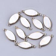 Natural Freshwater Shell Links Connectors, with Brass Loops, Horse Eye, Light Gold, Creamy White, 28x10x3mm, Hole: 1.8mm(SHEL-N026-57)
