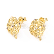 Brass Micro Pave Clear Cubic Zirconia Stud Earring Findings, with Loop, Cadmium Free & Lead Free & Nickel Free, Flower, Real 18K Gold Plated, 13.5x12x1.5mm, Hole: 0.7mm, Pin: 1mm(MAK-I018-10G-NR)
