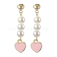 Natural Shell Pearl Dangle Earrings, with Alloy Enamel Heart Pendants and 304 Stainless Steel Stud Earring Findings, Golden, 41x10mm(EJEW-JE05801)