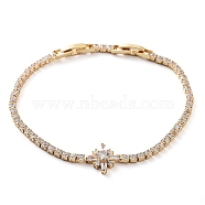 Golden Brass Link Bracelet, with Cubic Zirconia Tennis Chains, Long-Lasting Plated, Flower, 8 inch(20.4cm)(BJEW-C055-05A-G)