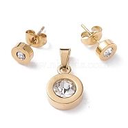 304 Stainless Steel Solitaire Jewelry Sets, Stud Earrings and Pendants, with Crystal Rhinestone and Ear Nuts, Flat Round, Golden, Pendant: 14x10x5mm, Hole: 6x3mm, Ear Stud: 14x6mm, pin: 0.8mm(X-SJEW-G075-03G-01)