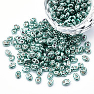 Dyed Opaque Colours Glass Seed Beads, Silver Lined, 2-Hole, Oval, Light Sea Green, 5x4x2.5mm, Hole: 0.9mm, about 450g/bag(SEED-N004-007-03)