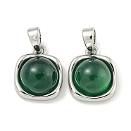 Dyed Natural Green Agate & Brass Square Charms, Platinum, 13x10.5x6mm, Hole: 5x3mm(KK-Q820-32P)